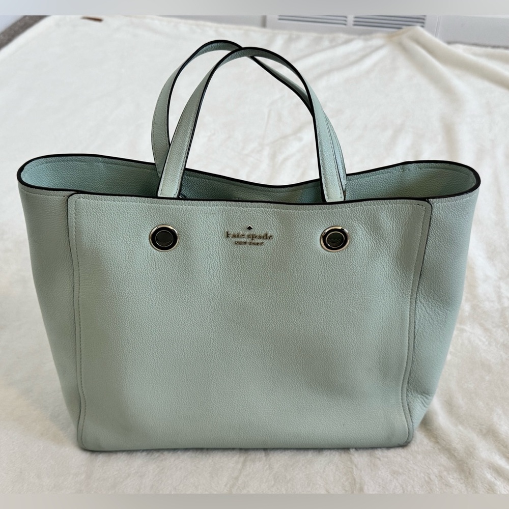 kate spade Light Blue Satchel Bag with silver accents.  Center zippered section.